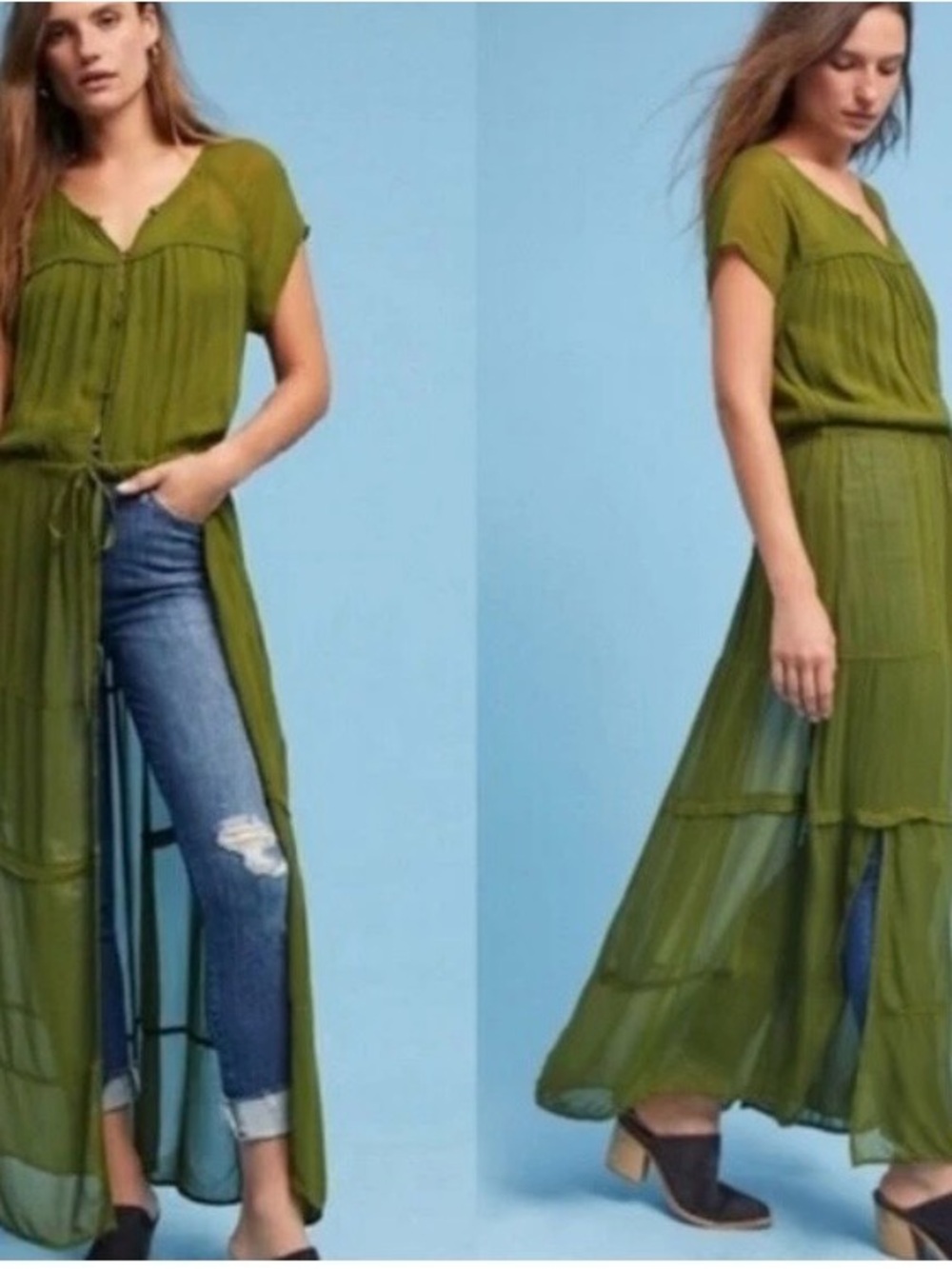 Maeve  made en India Women’s Olive Green Sheer Maxi Tunic Top